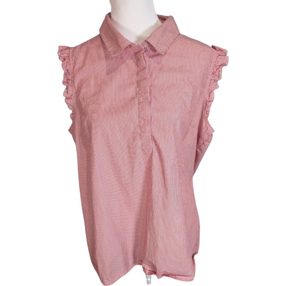 Tommy Hilfiger Red White Striped Ruffle Sleeveless Button Up Top XL 100% Cotton